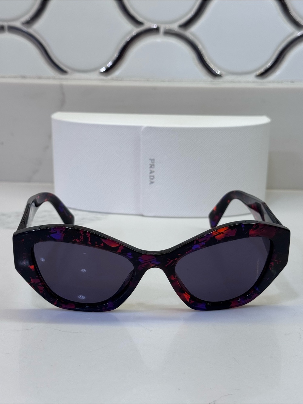 Authentic Prada Dark Tortoiseshell Sunglasses - Purple & Red Accents- With Box